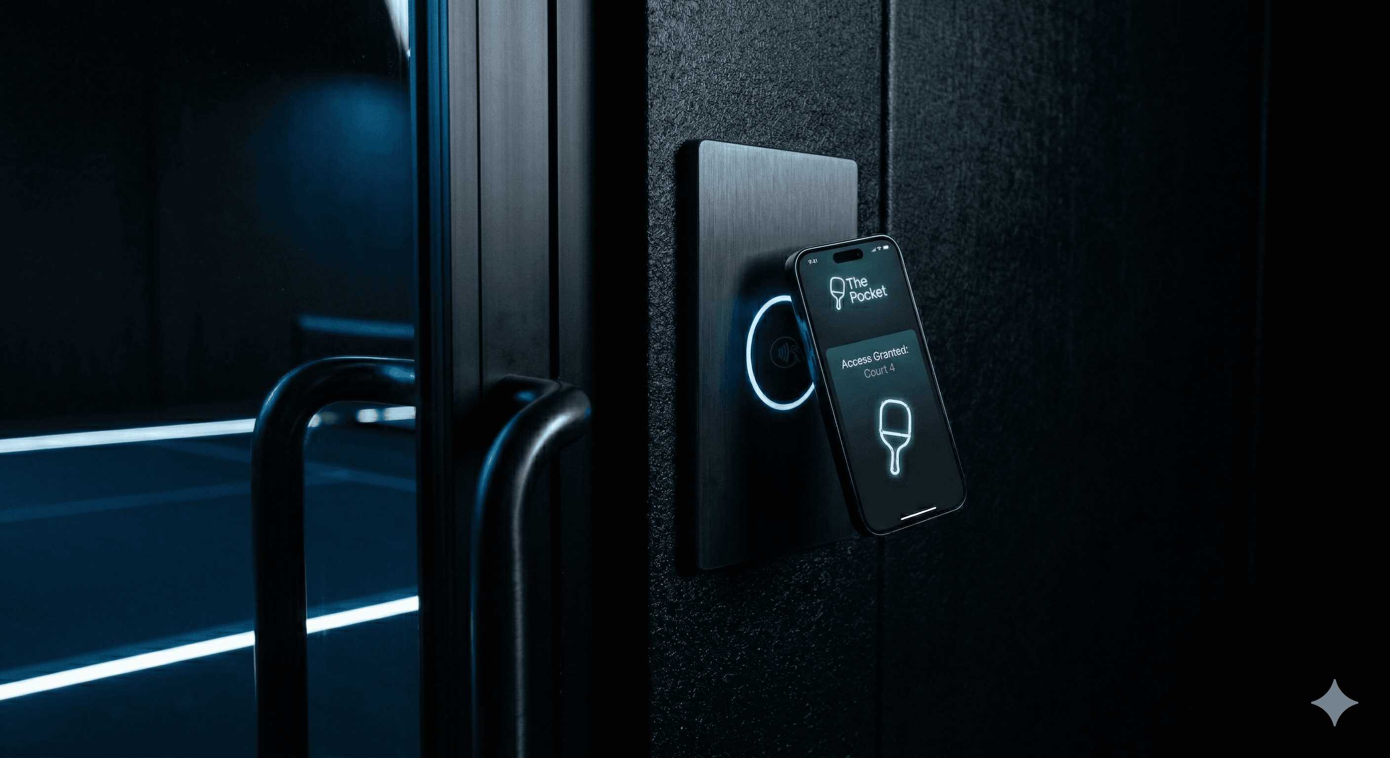 The Pocket indoor pickleball court render with illuminated court lines.